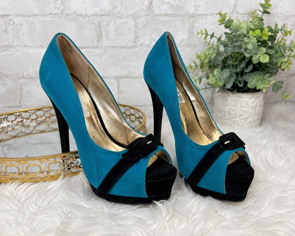 NIB Qupid Teal & Black Peep Toe Platform Pumps Vegan Suede Stiletto Heels Sz 8.5